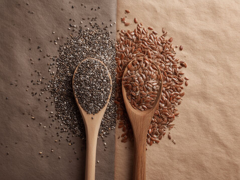Organic chia seeds and flax seeds, overhead composition