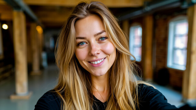 A woman with long blonde hair smiling at the camera