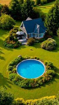 A house with a swimming pool surrounded by lush green grass and trees