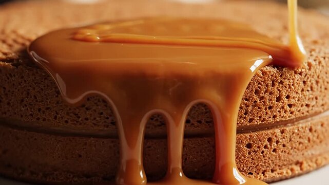 Caramel sauce dripping onto a freshly baked cake.