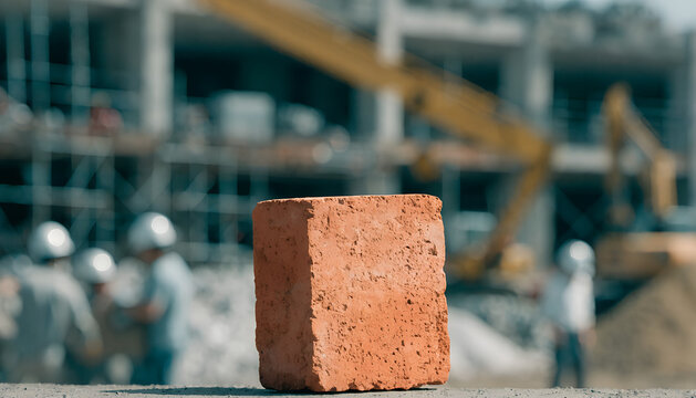Blurred Construction Site with Prominent Red Clay Brick