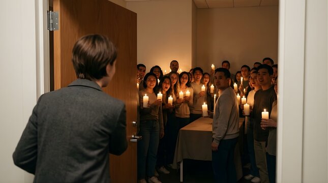Diverse group of people holding candles during a vigil in a room at night