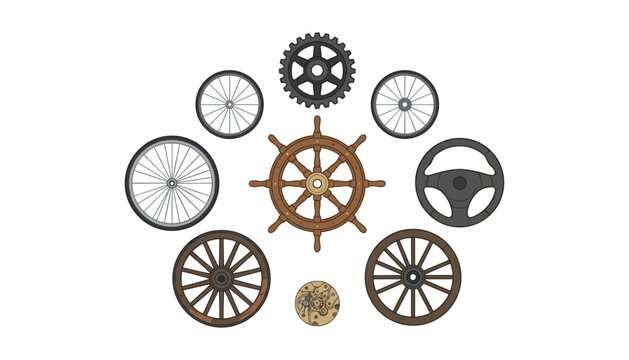 Various Wheels and Steering Icons Vector Set Featuring Ship Helm, Wooden Wagon Wheels, Bicycle Spokes, Car Steering Wheel, Cog, and Watch Mechanism