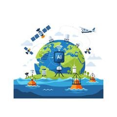 Fototapeta premium Global Artificial Intelligence Network Monitoring Earth with Satellites and Sensors Vector