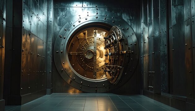 Large circular metal bank vault door in dark room.