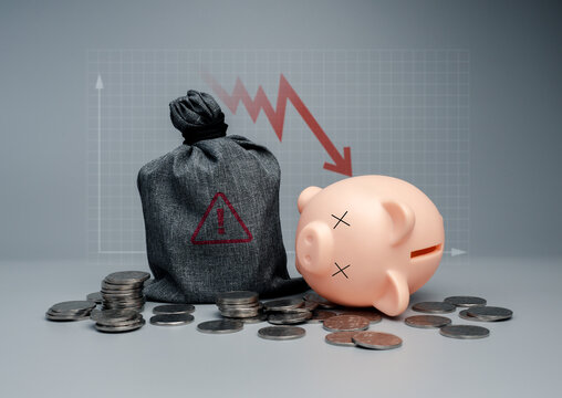 Financial risk concept with broken piggy bank, money bag, scattered coins, and declining graph, representing personal financial crisis, bankruptcy, savings loss, economic uncertainty, wealth decline.