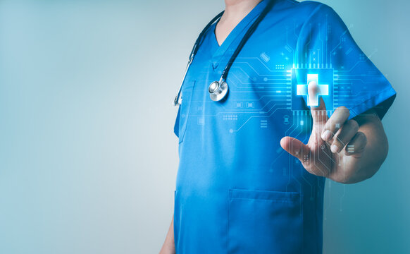 Healthcare professional in scrubs using AI-powered medical interface with digital healthcare icon. Medical technology, smart hospital, clinical innovation, future medicine, and digital patient care.