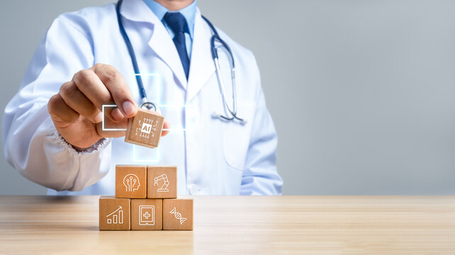 Healthcare professional stacking AI healthcare concept blocks. Medical technology, digital health, clinical decision support, precision medicine, healthcare automation, and future medical innovation.