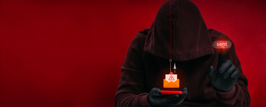 Scammer or hacker sending phishing email or SMS messages to deceive victims through social engineering, email fraud, cybercrime, credential theft, malicious links, and digital security threats.
