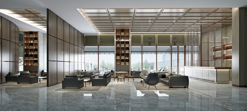 Luxury building lobby seating area  elegant contemporary interior design  sophisticated lounge furniture  premium materials  marble flooring  warm ambient lighting  refined architectural details  spac