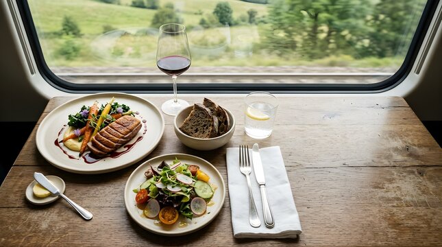 Gourmet meal with duck and salad served on a train table by window