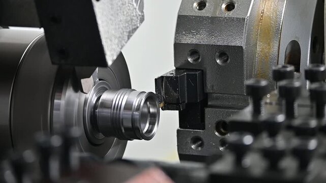 Slow motion footage of thread cutting process on precision part with multi tasking CNC lathe