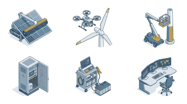 Isometric illustrations of renewable energy and technology concepts.