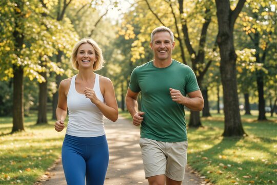 Joyful couple jogging together in a park during a morning wellness and fitness routine.