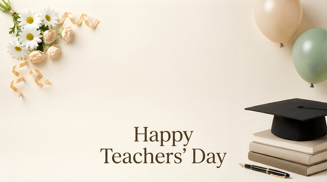 Teachers' day celebration graduation cap flowers and balloons on cream background