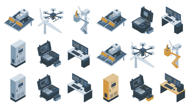 Set of isometric icons representing modern technology and renewable energy sources.