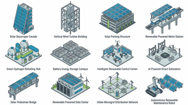 Collection of isometric illustrations depicting various renewable energy infrastructure and smart city concepts.