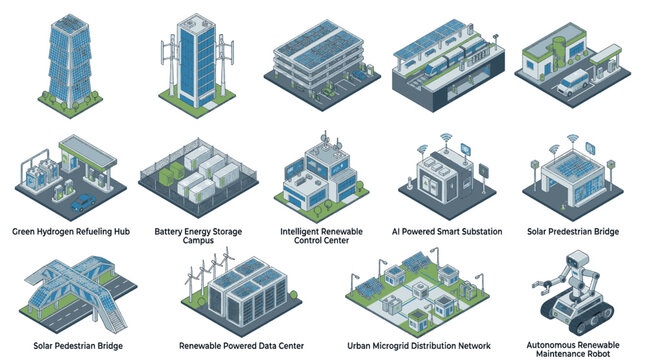Collection of Isometric Icons Representing Smart City Infrastructure and Renewable Energy Solutions.