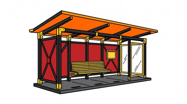 Modern wooden bus stop shelter with glass panels and sloped roof design for urban transit