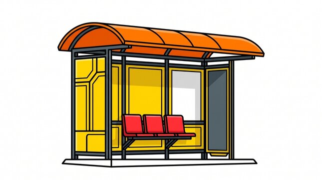 Modern orange bus shelter with red bench seating and curved glass panels on white background