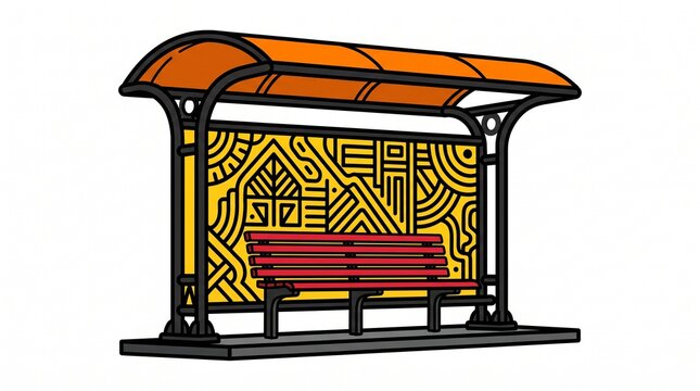 Modern bus stop shelter with red bench and decorative yellow patterned wall panel