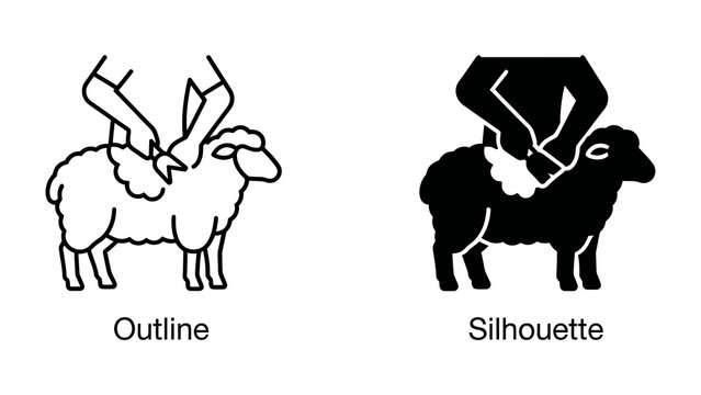 Sheep shearing icon, outline and silhouette: A clear visual representation of sheep shearing, shown in both outline and silhouette formats, illustrating the process of wool harvesting.