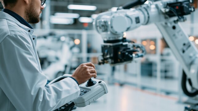 Robotics engineer using a pendant controller to program an industrial robot arm. Concept of robotics programming.