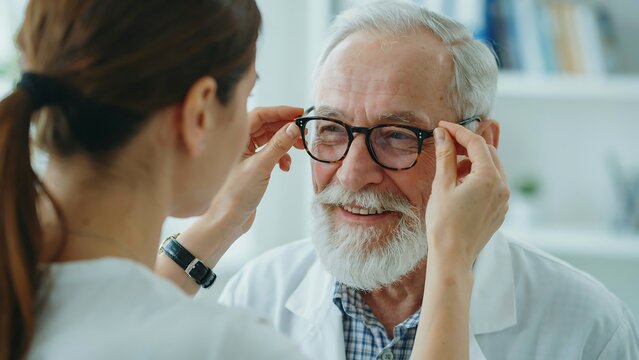 Elderly man receiving glasses adjustment from healthcare professional in bright indoor setting