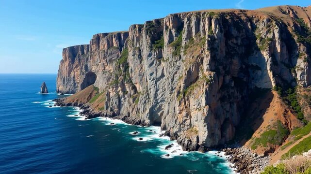 Dramatic coastal cliffs with rugged rock formations, turquoise waves crashing against shore, and a solitary sea stack under clear blue sky