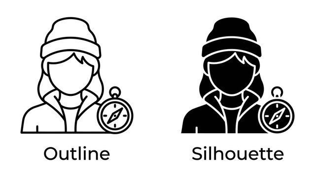 Explorer Icon: A stylized icon representing a person with a beanie hat and a jacket, accompanied by a compass, presented in both outline and silhouette forms.