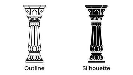 Fototapeta premium Indian Pillar Design: An intricate illustration showcasing two distinct styles of an Indian pillar: a delicate outline and a bold silhouette.