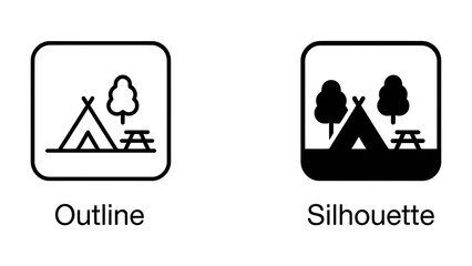 Fototapeta premium Camping Icons: Two distinct camping icons, one an outline and the other a silhouette, depict a tent, trees, and a picnic table, representing outdoor recreation and leisure activities.