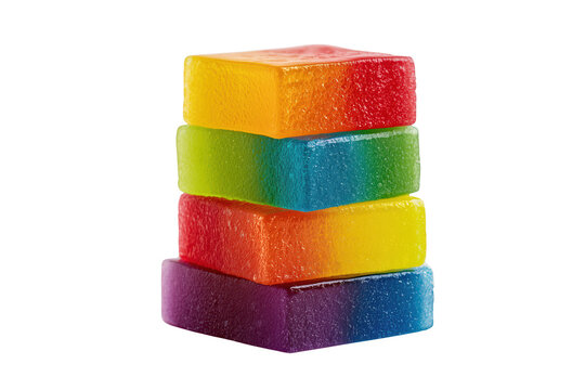 Colorful rainbow jelly cubes stacked in a vibrant tower for creative food branding and marketing