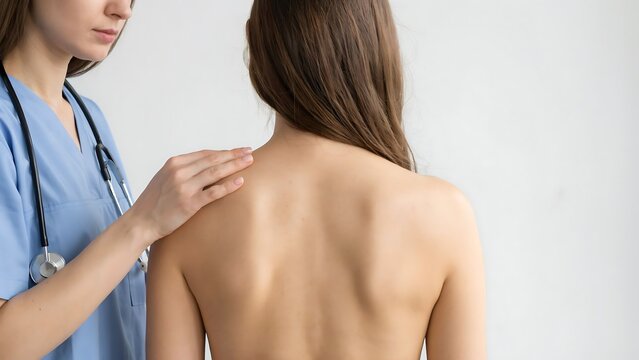 Medical professional examining patient shoulder and upper back during health consultation