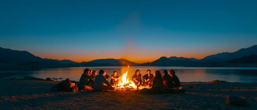 Group gathers around campfire by lake at twilight