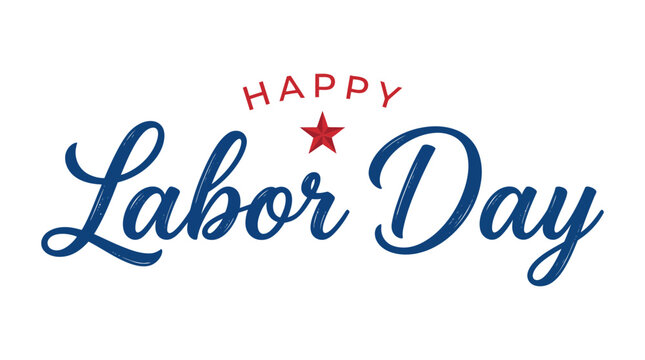A festive happy labor day vector graphic featuring elegant blue and red typography with a star isolated on transparent background for holiday design