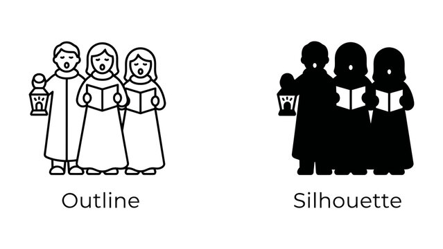 Christmas Carolers: A festive group of carolers, depicted in both outline and silhouette, sing holiday tunes while holding lanterns and songbooks, embodying the spirit of Christmas and tradition.