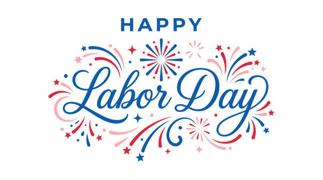 Decorative hand lettering design for a festive labor day vector illustration featuring red and blue fireworks elements isolated on transparent background for celebration