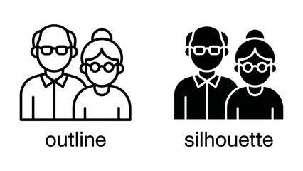 Fototapeta premium Elderly Couple Icon: A simple and clear illustration of an elderly couple, presented in both outline and silhouette formats, representing a senior pair.