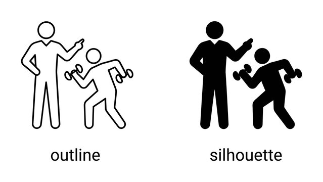 Personal Trainer and Client Silhouette: An icon representing a personal trainer guiding a client performing dumbbell exercise. Available in outline and silhouette versions for versatile design use.