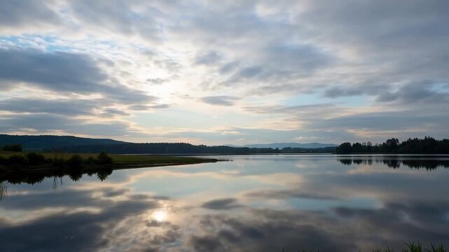 Time-lapse of serene lake reflecting cloudy sky and distant hills at dusk