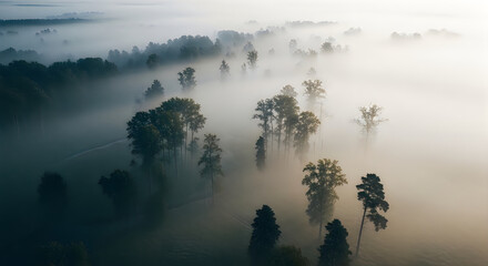 Misty forest landscape with tall trees in dawn light © MAZID
