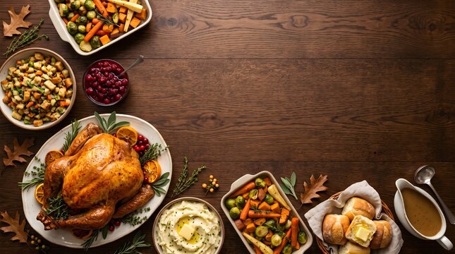 Roasted turkey with festive side dishes on wooden table