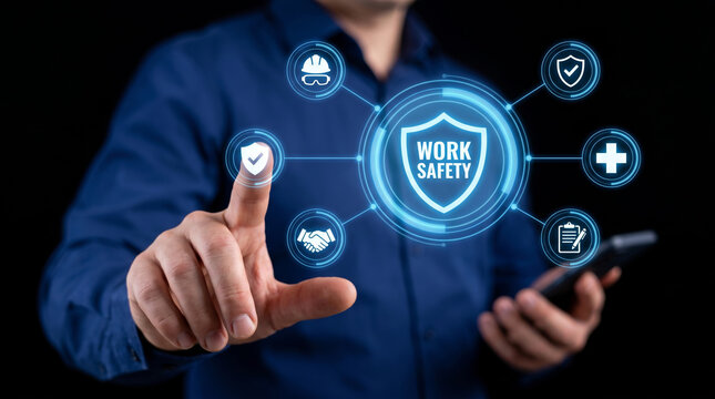 Workplace health safety compliance work safety. Risk management hazard prevention. emergency security protection, policy regulation inspecting