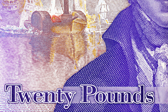 British 20 pound polymer banknote featuring painting The Fighting Temeraire. Currency of England. Money of Europe.