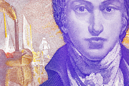 British 20 pound polymer banknote featuring the portrait of artist Joseph Mallord William Turner and his painting The Fighting Temeraire. Currency of England. Money of Europe.