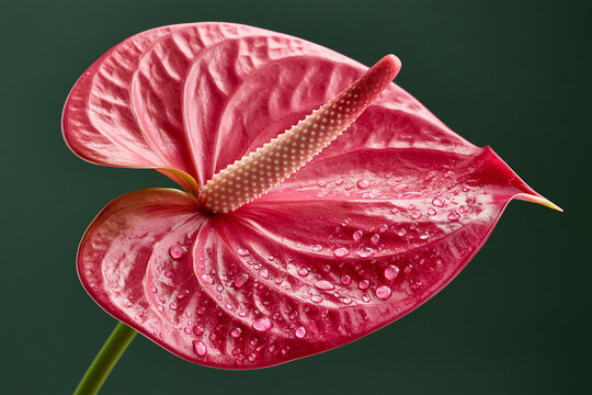 Pink anthurium flower with water drops on dark green background