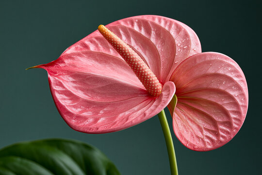 Pink anthurium flower blooming with water drops on dark green background