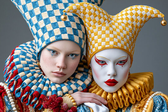 Two carnival jesters in checkered hats and ruff collars fashion style