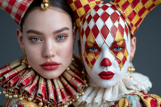 Two women in jester costumes and clown makeup with dramatic mood